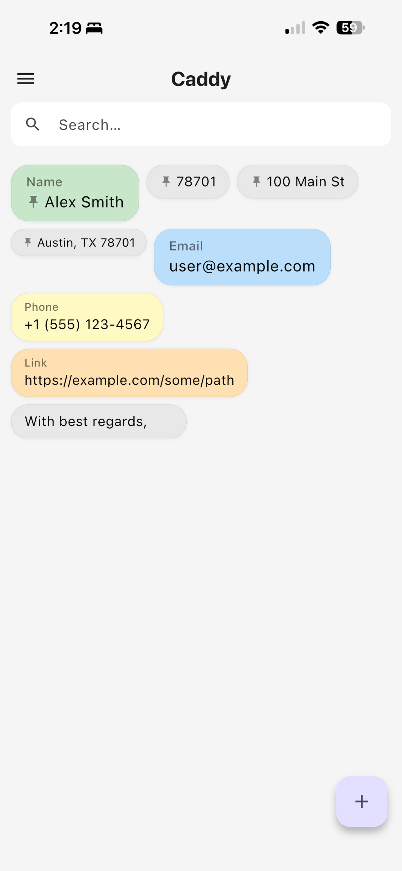 Caddy — snippet library main screen